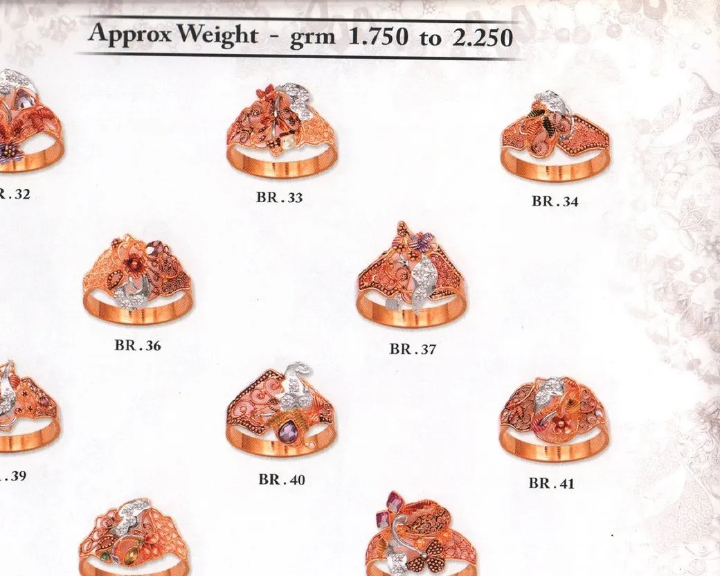 Detail of a catalog page: ring designs labelled BR.32 to BR.40 under the heading Approx Weight grm 1.750 to 2.250