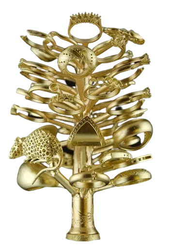 A gold casting tree with pieces still attached to the sprue