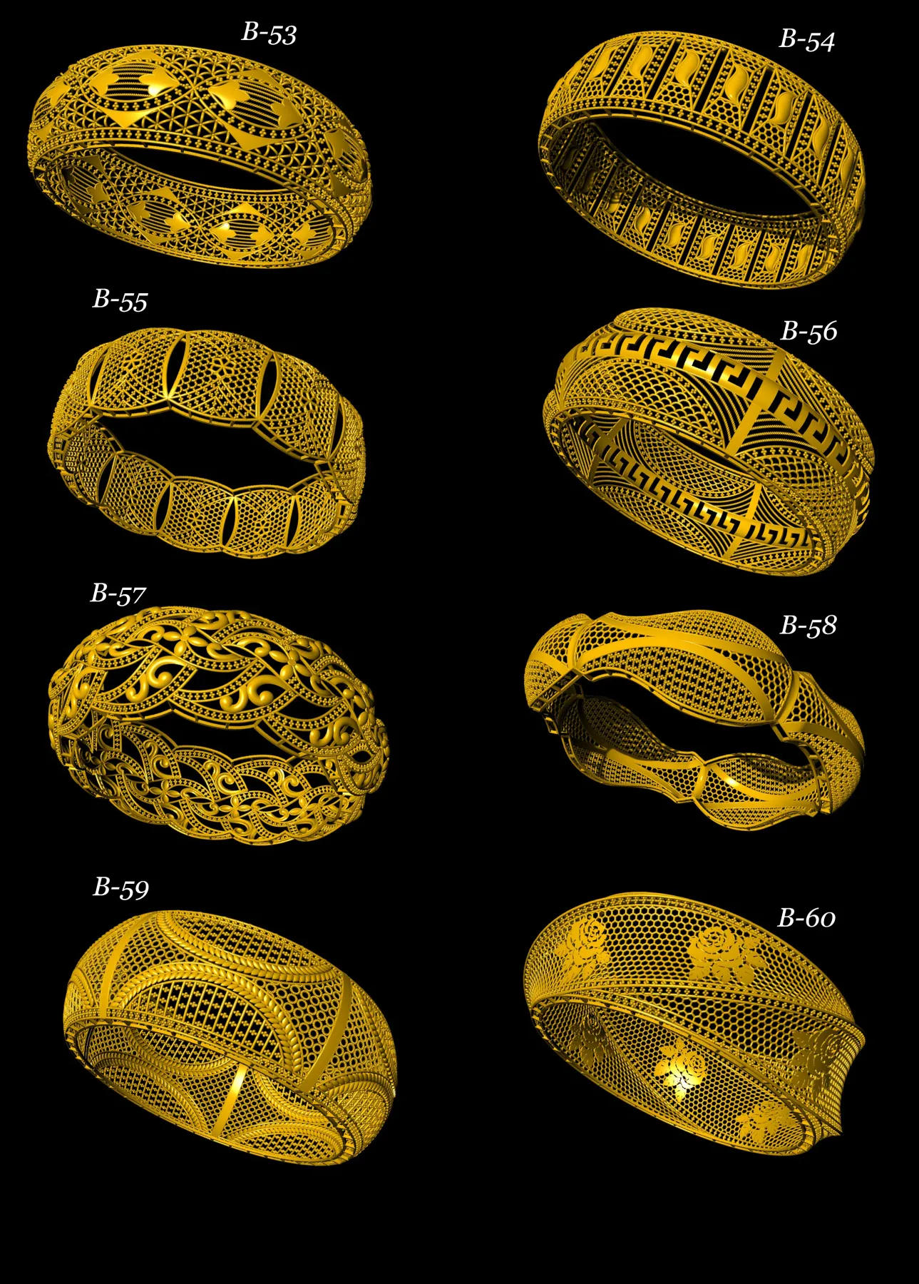 Catalog page of openwork gold bangle designs B-53 to B-60, rendered on black, from R-P Mold Design Volume 25