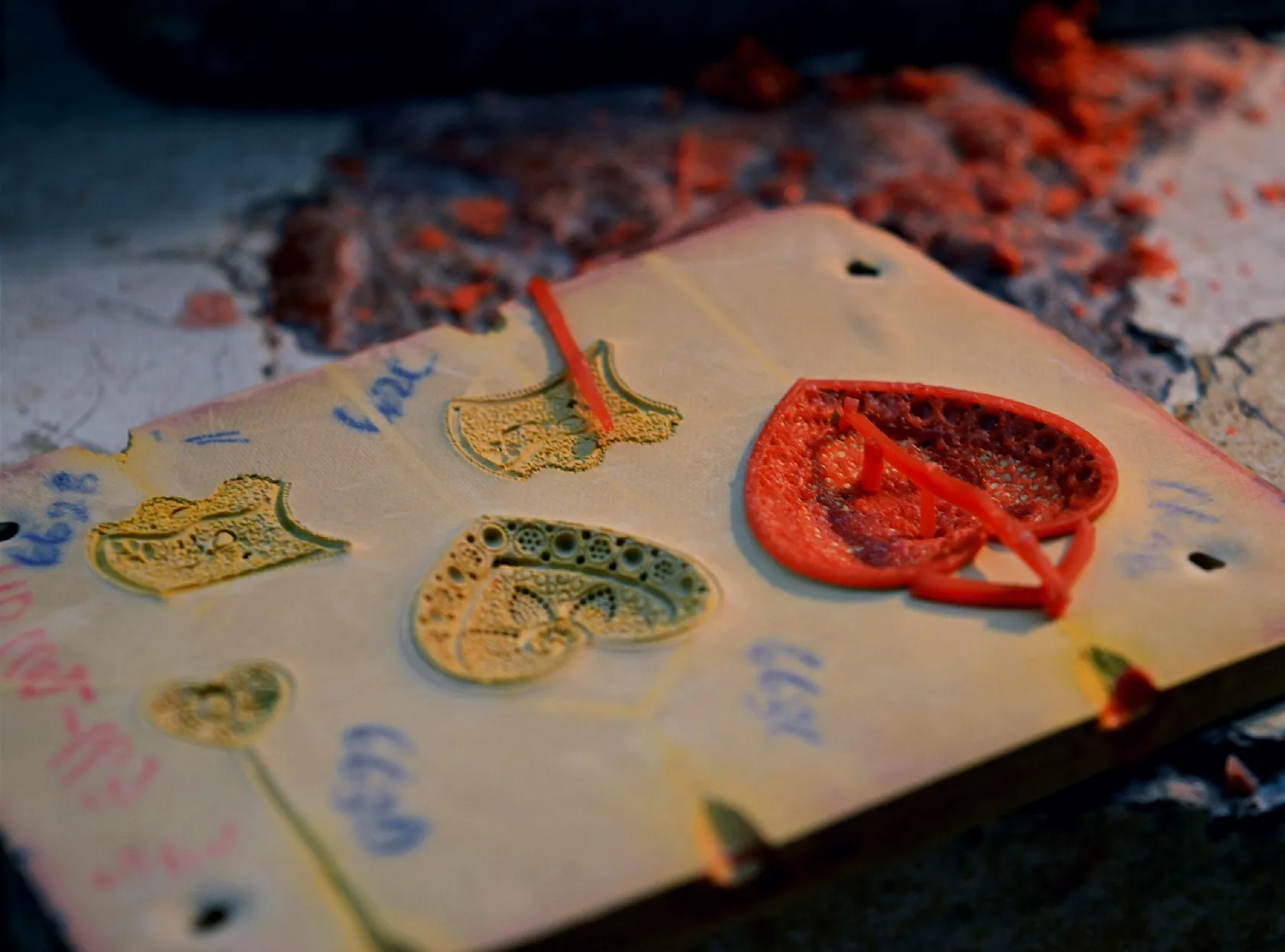 Wax and resin models on a numbered board